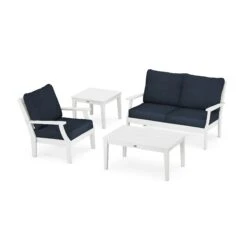 POLYWOOD Braxton 4-Piece Deep Seating Set -HomeNest Store Braxton 4 Piece Deep Seating Set PWS486 2 WH145991 White Marine Indigo