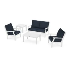 POLYWOOD Braxton 5-Piece Deep Seating Set -HomeNest Store Braxton 5 Piece Deep Seating Set PWS487 2 WH145991 White Marine Indigo