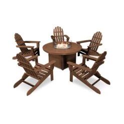POLYWOOD Classic Folding Adirondack 6-Piece Conversation Set With Fire Pit Table -HomeNest Store Classic Folding Adirondack 6 Piece Conversation Set with Fire Pit PWS414 1 TE Teak