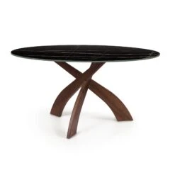 Entwine Round Sintered Stone Top Table -HomeNest Store Entwine Round Sintered Stone Top Table 60 Inch Natural Walnut Sahara Noir