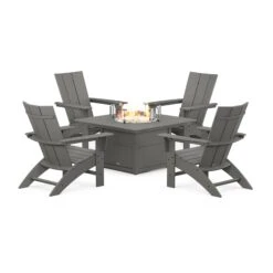 POLYWOOD Modern Curveback Adirondack 5-Piece Conversation Set With Fire Pit Table -HomeNest Store Modern Curveback Adirondack 5 Piece Conversation Set with Fire Pit PWS412 1 GY Slate Grey
