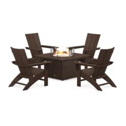POLYWOOD Modern Curveback Adirondack 5-Piece Conversation Set With Fire Pit Table -HomeNest Store Modern Curveback Adirondack 5 Piece Conversation Set with Fire Pit PWS412 1 MA Mahogany
