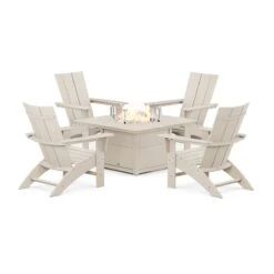 POLYWOOD Modern Curveback Adirondack 5-Piece Conversation Set With Fire Pit Table -HomeNest Store Modern Curveback Adirondack 5 Piece Conversation Set with Fire Pit PWS412 1 SA Sand