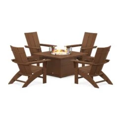 POLYWOOD Modern Curveback Adirondack 5-Piece Conversation Set With Fire Pit Table -HomeNest Store Modern Curveback Adirondack 5 Piece Conversation Set with Fire Pit PWS412 1 TE Teak
