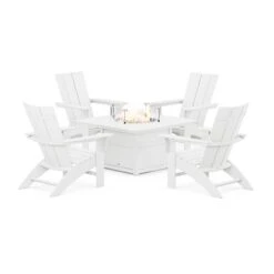 POLYWOOD Modern Curveback Adirondack 5-Piece Conversation Set With Fire Pit Table -HomeNest Store Modern Curveback Adirondack 5 Piece Conversation Set with Fire Pit PWS412 1 WH White