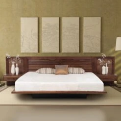 Moduluxe Platform Bed With Clapboard Headboard - 35" Series -HomeNest Store Moduluxe Walnut Clapboard Platform Bed 35in Life 1