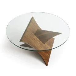 Planes Round Glass Top Coffee Table -HomeNest Store Planes Walnut Round Glass Top Coffee Table 2