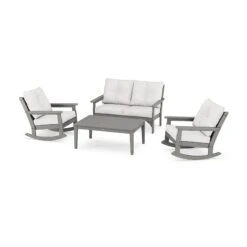 POLYWOOD Vineyard 4-Piece Deep Seating Rocking Chair Set -HomeNest Store Vineyard 4 Piece Deep Seating Rocking Chair Set PWS404 2 GY152939 Slate Grey Natural Linen