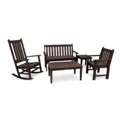 POLYWOOD Vineyard 5-Piece Bench & Rocking Chair Set -HomeNest Store Vineyard 5 Piece Bench Rocking Chair Set PWS357 1 MA Mahogany