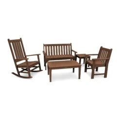 POLYWOOD Vineyard 5-Piece Bench & Rocking Chair Set -HomeNest Store Vineyard 5 Piece Bench Rocking Chair Set PWS357 1 TE Teak